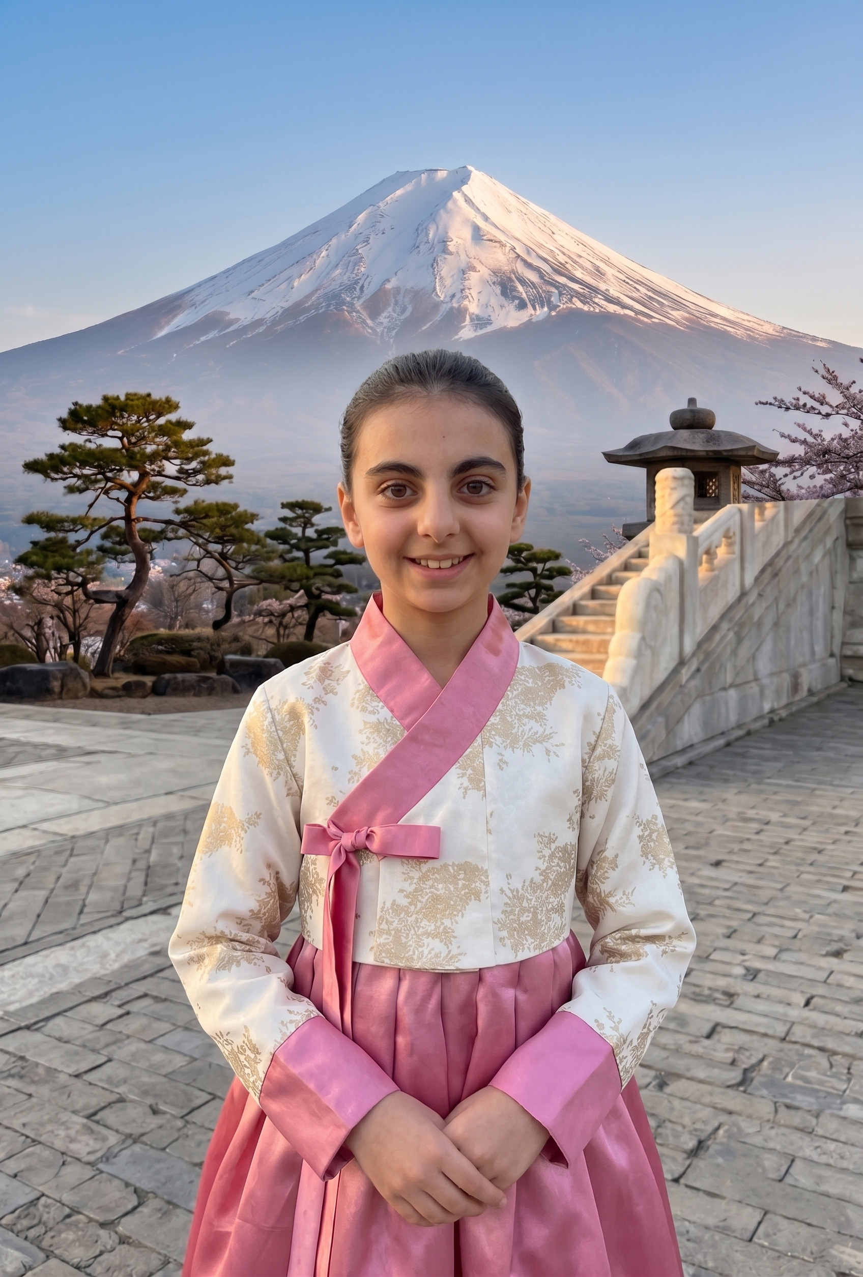 Fuji Dağı manzarası önünde gülümserken