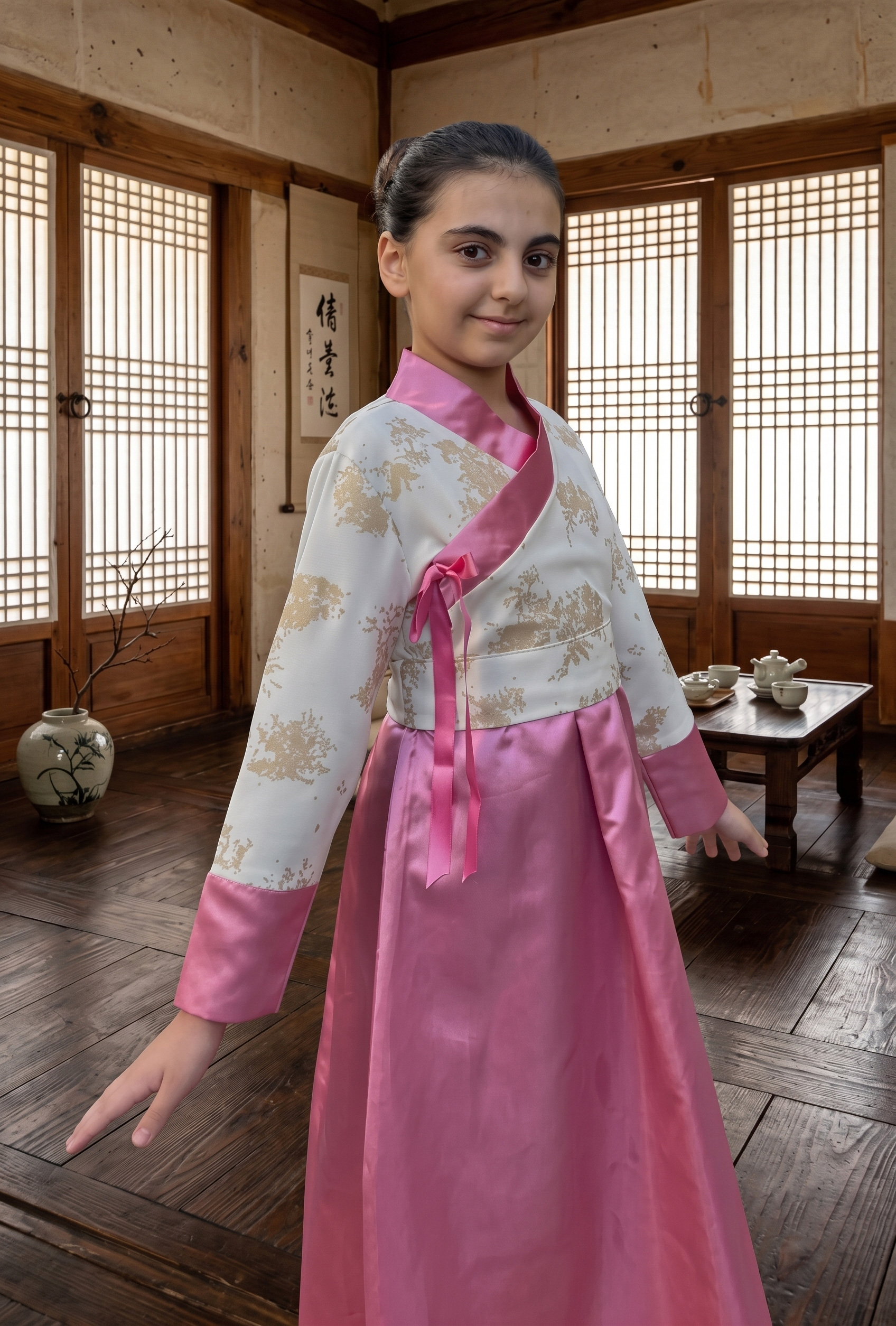 Geleneksel ahşap odada pembe hanbok ile