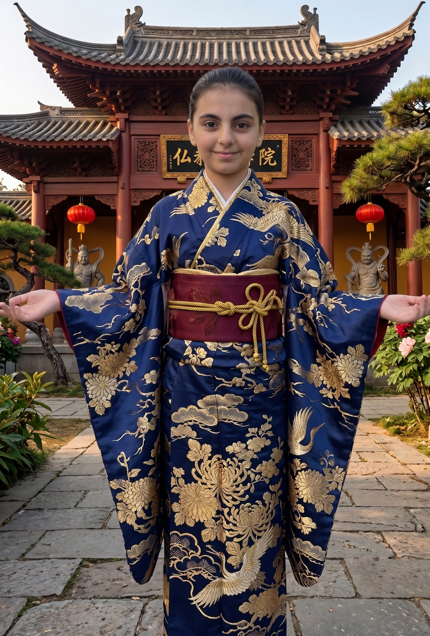 Lacivert-altın kimono ile tapınak önünde